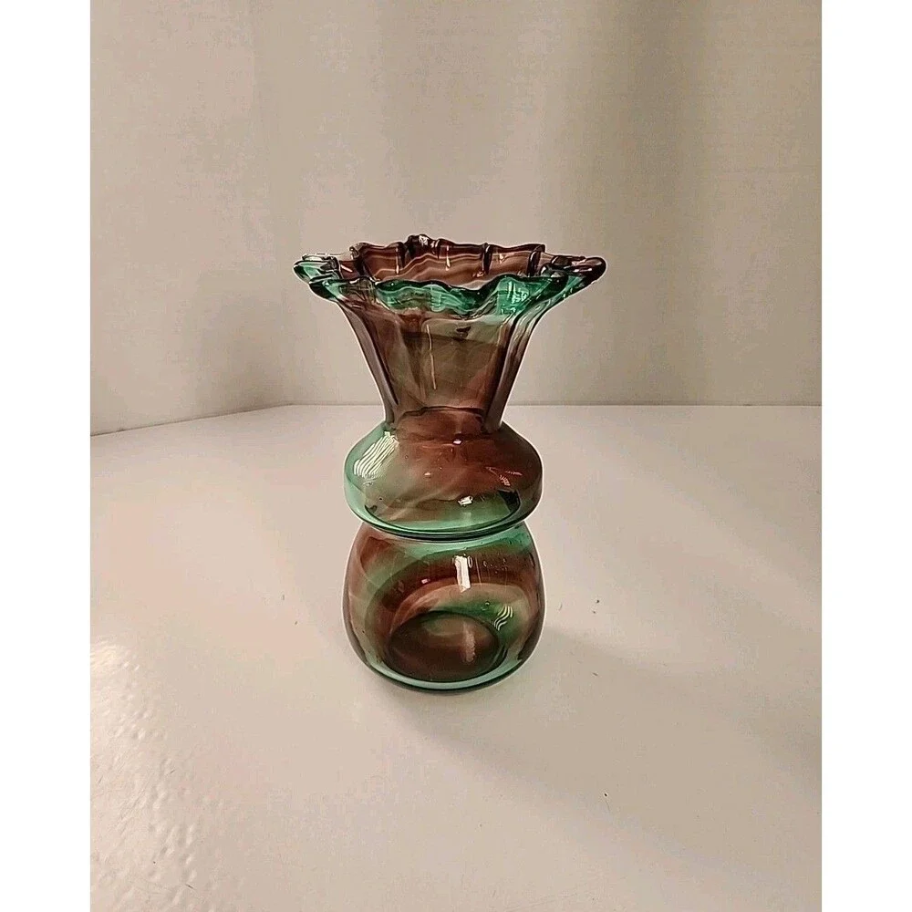 Vintage Art Glass Vase Green Brown Amethyst Swirl Ruffled